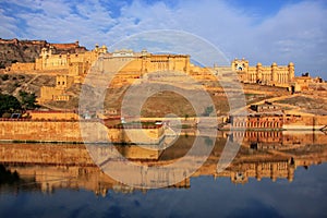 Amber Fort reflected in Maota Lake near Jaipur, Rajasthan, India