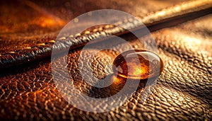 Amber Gemstone on Rich Brown Leather Texture