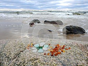 Amber and glass on Baltic sea coast, Lithuania