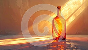 Amber Glass Bottle Illuminated by Golden Sunlight Rays