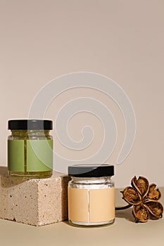 Amber glass dispenser bottle, sprayer and moisturizer cream jar. Natural cosmetic products packaging design template