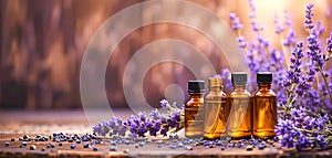 Amber Glass Essential Oil Bottles With Lavender Flowers In Warm Rustic Setting
