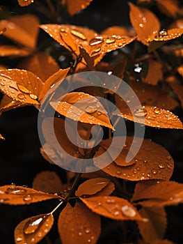 Amber Glow Tracing the Journey of Orange Summer Leaves Through the Glistening Dew Drops in a Darken