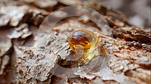 Amber resin drop on tree bark in sunlit forest environment
