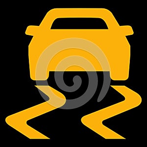 Amber vector graphic on a black background of a dashboard warning light for electronic stability control