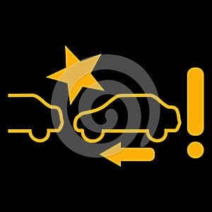 Amber vector graphic on a black background of a dashboard warning light for forward collision system detecting a potential