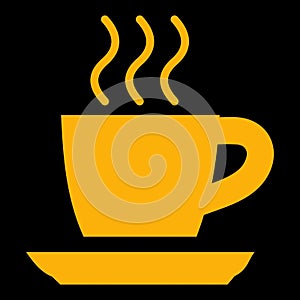 Amber vector graphic on a black background of a dashboard warning light for tiredness alert. It shows a cup of coffee indicating