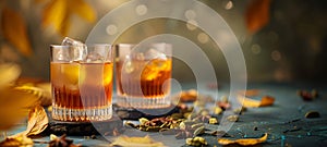 Amber whiskey on ice in textured glasses, autumn leaves setting. Copy space