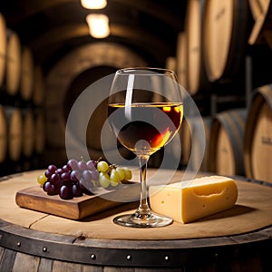 Amber wine with cheese and grapes on a wooden barrel in a winery cellar. Generative AI