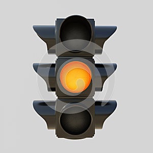 Amber, Yellow Orange Traffic Light isolated cutout on grey background. Attention signal. 3d render