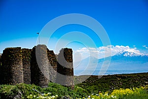 Amberd castle on the background of Mount Ararat