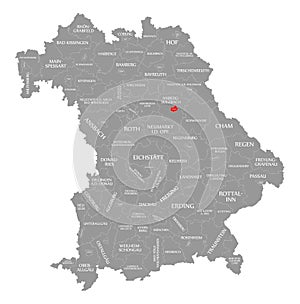Amberg city red highlighted in map of Bavaria Germany