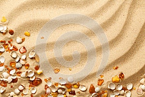Ambers And Seashells On Sand Background