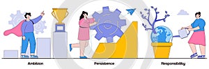 Ambition, persistence and responsibility concept with tiny people. Goal achievement vector illustration set. Making fast career,