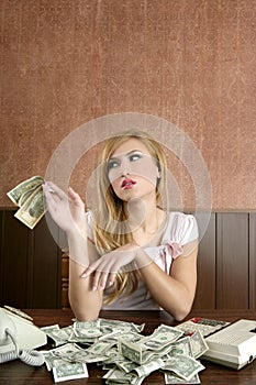 Ambition retro woman lots of dollar money notes