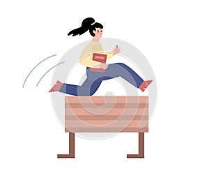 Ambitious business woman jumps over obstacle, flat vector illustration isolated.