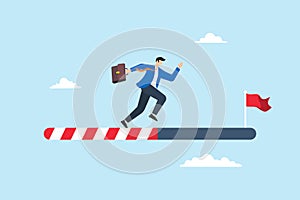 Ambitious businessman running on progress bar towards success flag, illustrating journey to achieving goals in business or career