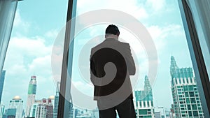 Ambitious businessman standing in ornamented office on cityscappe background