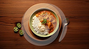 Ambitious And Captivating Curry And Rice Set On Wooden Table photo