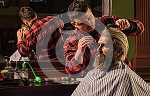Ambitious. male beauty and fashion. mature man at barbershop. brutal bearded man at hairdresser. professional barber