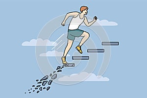 Ambitious man runs up crumbling staircase, striving to achieve goal and demonstrating lack of fear