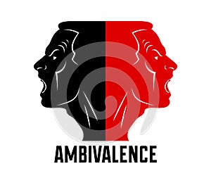 Ambivalence inner conflict and bipolar disorder mental health vector conceptual illustration or logo visualized by two face