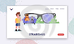 Amblyopia, Strabismus Disease Landing Page Template. Tiny Kids Characters with Sight Disorder at Huge Eyeglasses