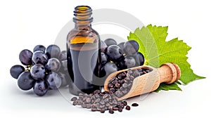 Ambrosial Trio: Organic Grape Seed Oil, Wooden Scoop of Dry Seeds, and Fresh Grapes with Leaf - A 16