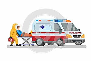 Ambulance 911. emergency car with doctor wear hazmat suit carrying patient to hospital concept in cartoon illustration vector isol