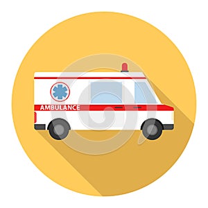 Ambulance, ambulance icon isolated on yellow background with shadow. Vector, cartoon illustration.