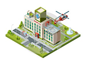 Ambulance building. Emergency transport helicopter on hospital roof helipad vector healthcare isometric