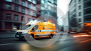 Ambulance car on city road, motion blur image with focus on automobile