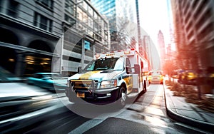 Ambulance car on city road, motion blur image with focus on automobile