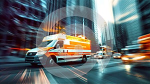 Ambulance car on city road, motion blur image with focus on automobile