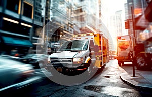 Ambulance car on city road, motion blur image with focus on automobile