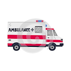 Ambulance car. Emergency Help service. Side view of Red emergency car on white background. Simple flat style vector