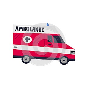 Ambulance car. Emergency Help service. Side view of Red emergency car on white background. Simple flat style vector