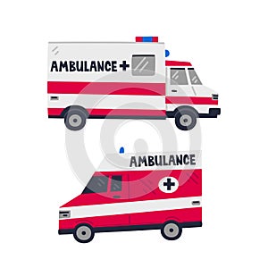 Ambulance car. Emergency Help service. Side view of two Red emergency cars on white background. Simple flat style vector