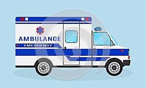 Ambulance car. Emergency medical service vehicle. Hospital transport. Medicine transportation van.