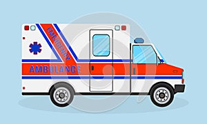 Ambulance car. Emergency medical service vehicle side view. Medicine clinic transportation.