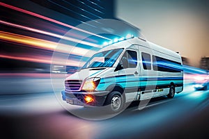 Ambulance car fast moving in dark city. Ambulance van on street with flashing lights. Generative AI