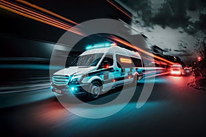 Ambulance car fast moving in dark city. Ambulance van on street with flashing lights. Generative AI