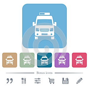 Ambulance car front view flat icons on color rounded square backgrounds