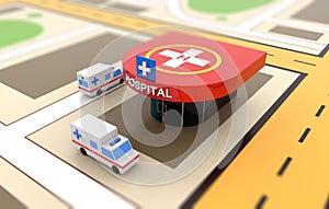Ambulance car, hospital, heliport