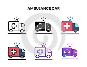 Ambulance car icons set with different styles.