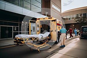 Ambulance car and paramedics team for patient transportation. Generative AI