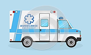 Ambulance car side view with blue strips. Emergency medical service vehicle. Hospital transport.