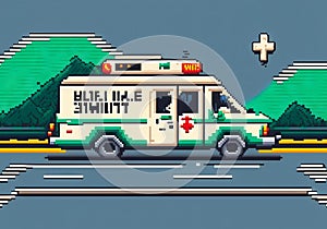 Ambulance car speeding on city street, 8 bit style, clear style