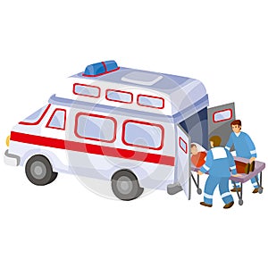 Ambulance car together with paramedics pick up a patient on a stretcher, cartoon illustration, isolated object on white background