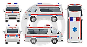 Ambulance car vector template side, front, back top view
